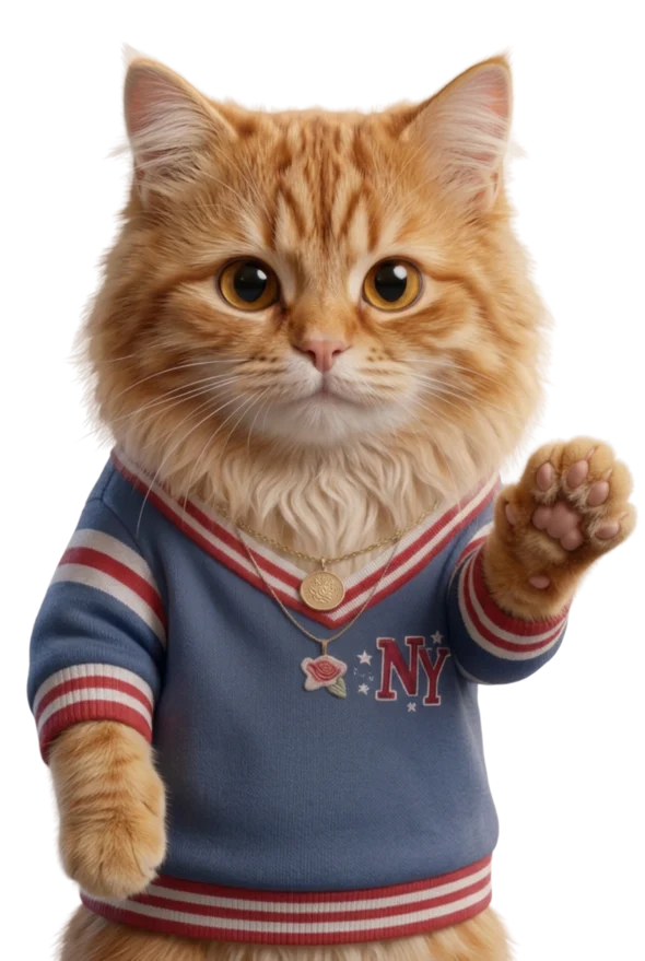 Cat in a varsity jacket waving hello